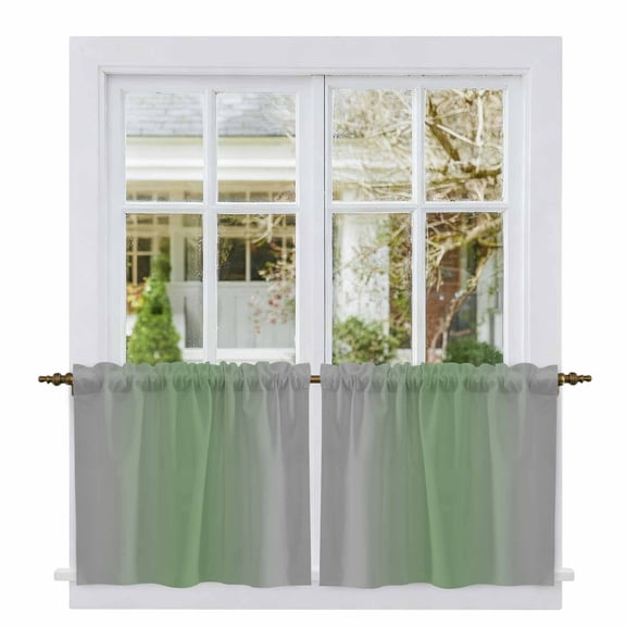 Green Grey Tier Curtains, Modern Minimalist Solid Vertical Stripes Light Filtering Kitchen Curtains, 2Pcs Rod Pocket Half Window Treatments Panels for Sink Cafe Cabinet Camper 27.5x36 Inches
