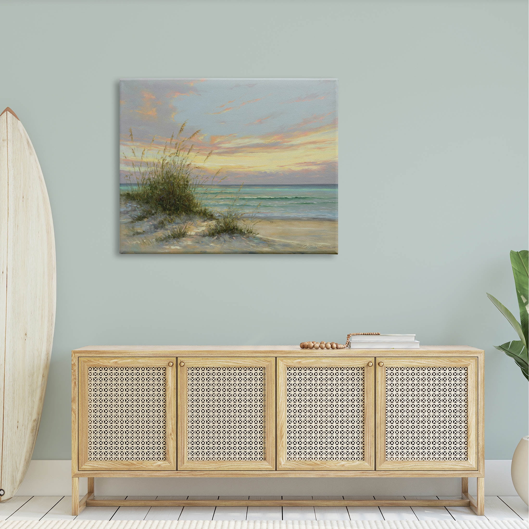 Beach Grass Vivid Sunset Coastal Painting Gallery Wrapped Canvas Print Wall Art