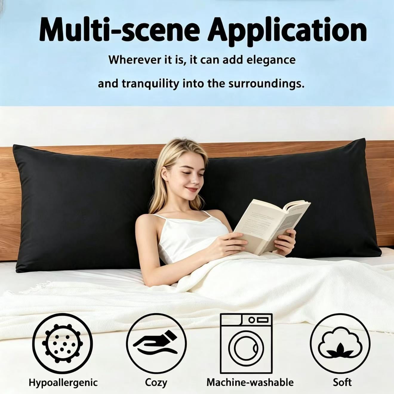 BedTreat Full Body Pillow Insert with Pillowcase for Adults,Long&Fluffy Pillow for Side Sleeper,Soft&Breathable (20X54,Black)
