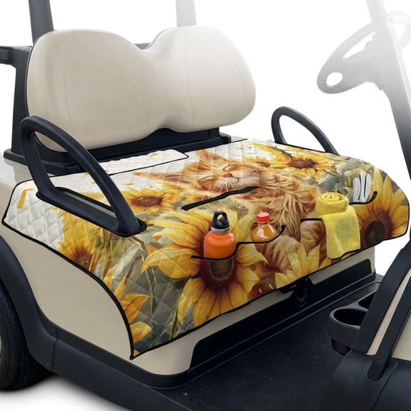 Whosucclay Sunflower and Cat Foldable Golf Cart Seat Covers, 51.18 x 30.3 inches Travel-friendly Breathable Golf Cart Seat Towel with 4 Convenient Pockets Soft