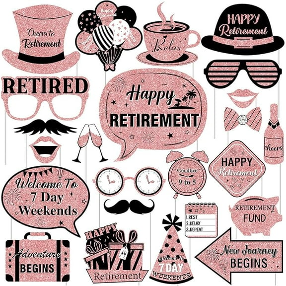 Rose Gold Retirement Party Decorations - 24PCS Photo Booth Props, Happy Cheers to Retirement Retired Party Decorations for Women