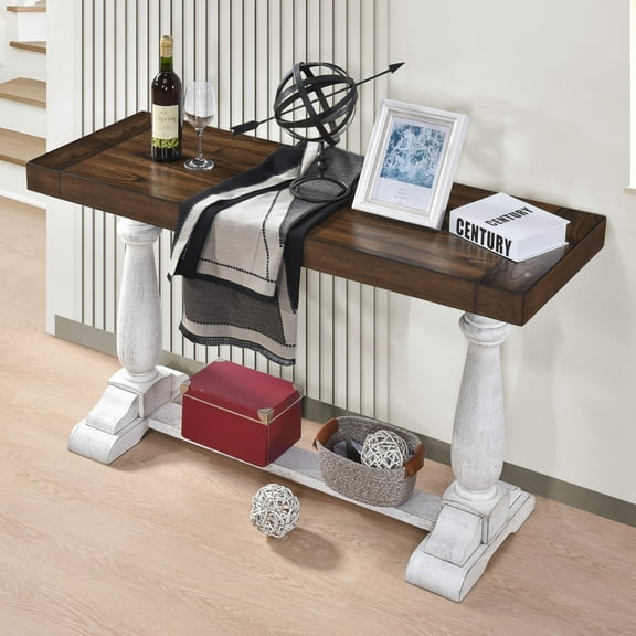 Lisonu Farmhouse Console Table with Storage Shelf, 50.2 Inch Solid Wood Sofa Table with Pedestal Legs, Entryway Table for Living Room, Antique White & Dark Oak