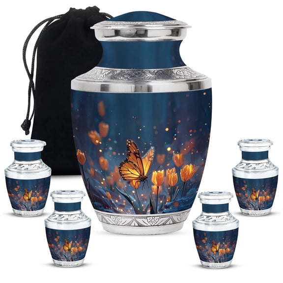 JAGASY Yellow Butterfly Cremation Urns Set for Siblings - Blue Small Urn for Ashes for Women - Flowers Large Urn for Ashes Adult Male - Yellow Tulip Keepsake Urns for Brother - ( 1 Large, 4 Small )