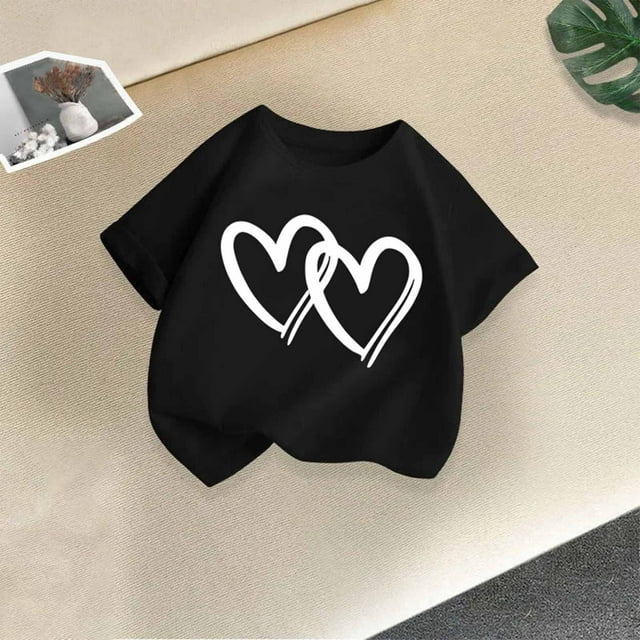 Rbaofujie Girl's Heart Print Short Sleeve Tee Crew Neck Going Out Basic T Shirt Tops