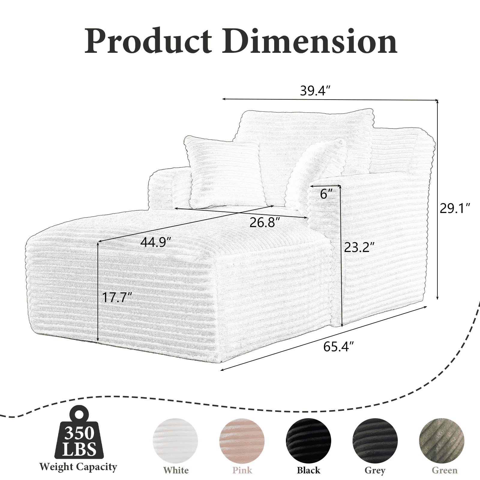 GNIXUU 65.4" Oversized Chaise Lounge Chair Indoor, Modern Corduroy Couch, Comfy Upholstered Boneless Sleeper Sofa with 3 Throw Pillows, Fluffy Reading Chairs Bed for Living Room,Black