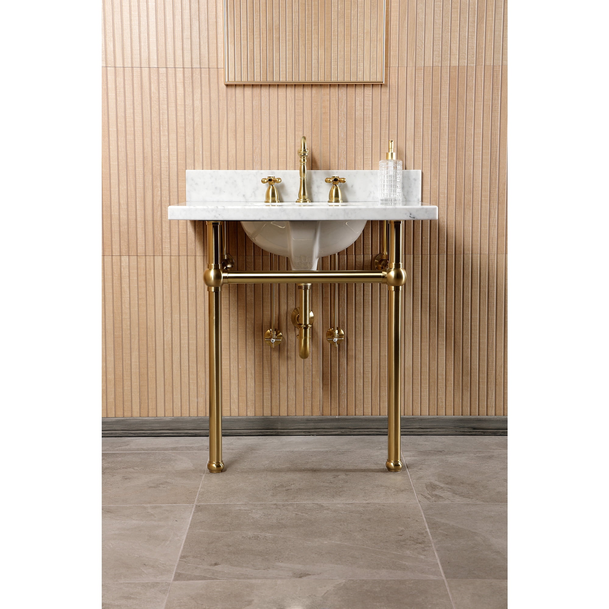 Kingston Brass CKVPB3030MB7 Templeton 30" Carrara Marble Console Sink Set with Widespread Bathroom Faucet and Plumbing Trim Kit (8-Inch, 3-Hole), Carrara Marble White/Brushed Brass