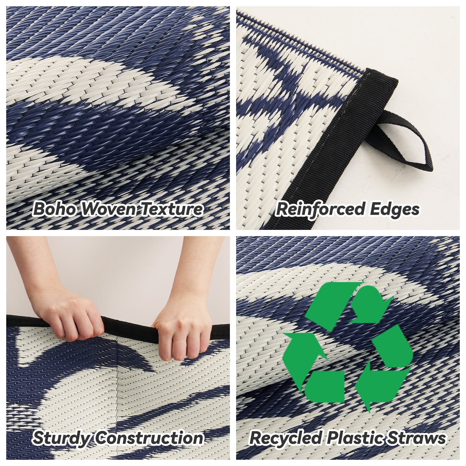 VUNATE Outdoor Rug Carpet 6'x9' Waterproof Reversible Patio Rug Portable Indoor Outdoor Rug Plastic Straw Rug for Beach RV Camping Garden Picnic Deck Backyard Tropical Porch Decor Beige and Blue