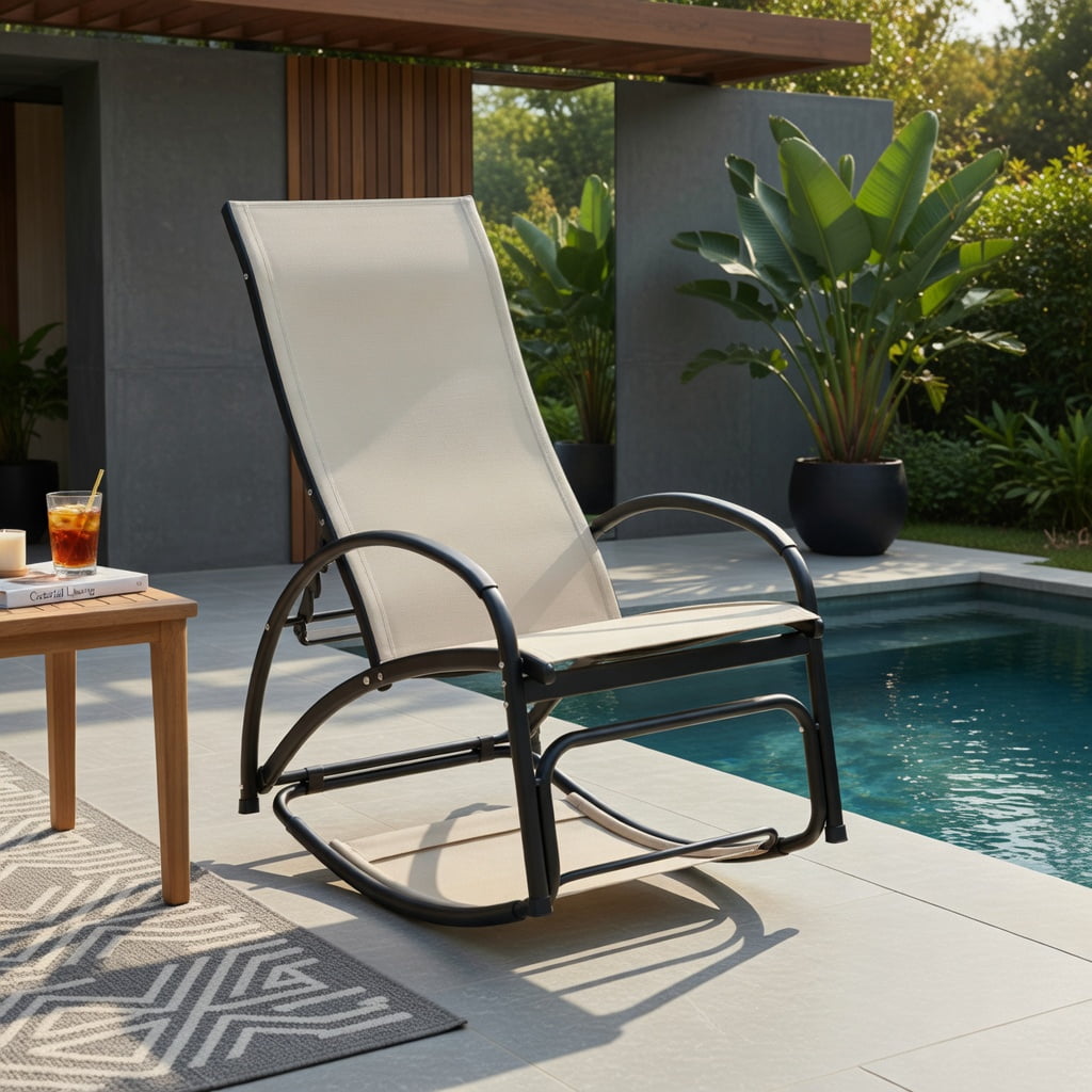 Hommoo 2-in-1 Aluminum Rocking Lounge Chair, 4-Position Adjustable Backrest, Weather-Resistant Patio Chair for Porch, Poolside & Balcony, Beige
