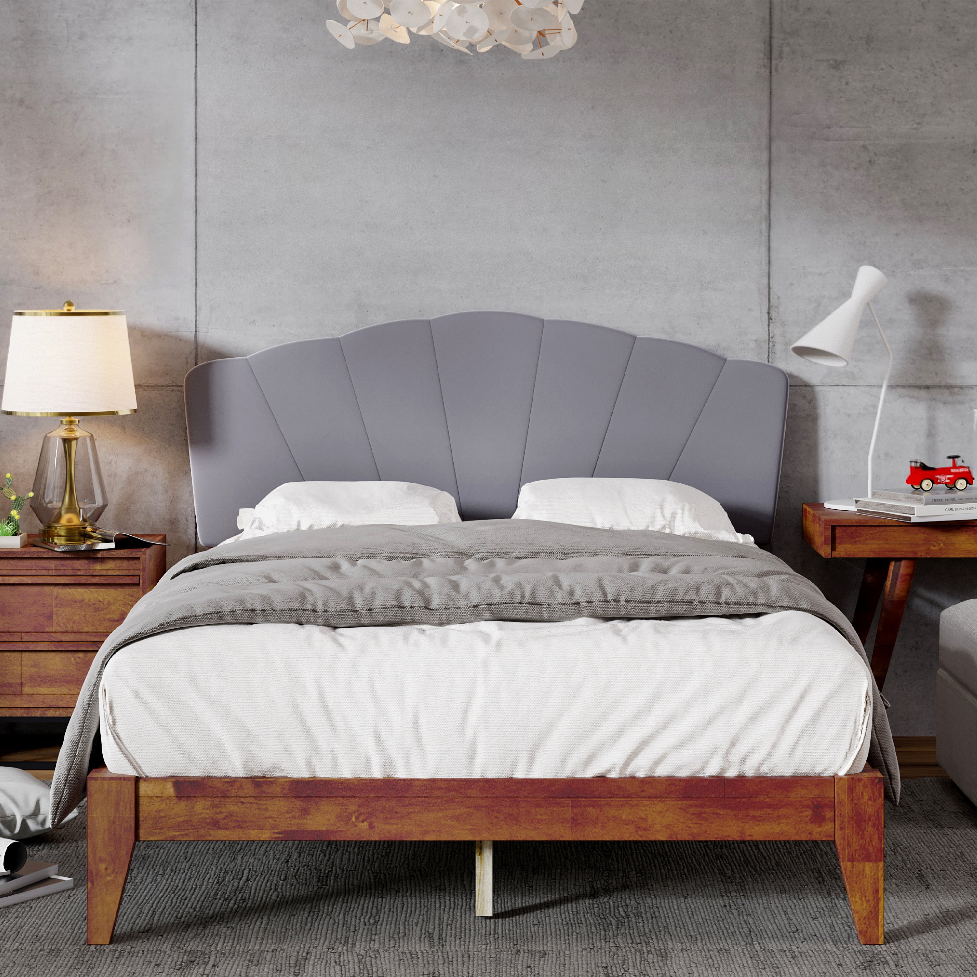 DG Casa Scalloped Headboard Queen Size Solid Rubberwood Platform Bed