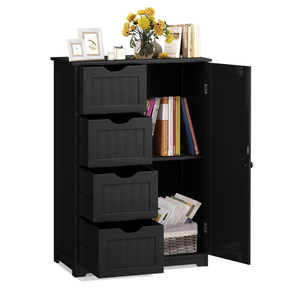 Finihen Storage Cabinet, Floor Cabinet, Standing Indoor Wooden Cabinet with 4 Drawers, for Bathroom, Living Room, Bedroom, Kitchen, Living Room, Bedroom, Kitchen, Black
