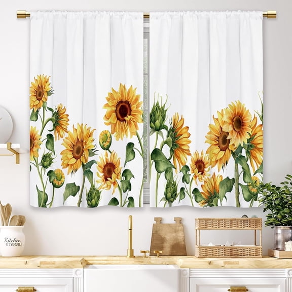 Farmhouse Yellow Sunflower Kitchen Curtains Floral Flower Country Small Short Cafe Window Curtains Rustic Plant Spring Fall Rod Pocket Bathroom Window Drapes Treatment Curtains (27.5x39 Inch)