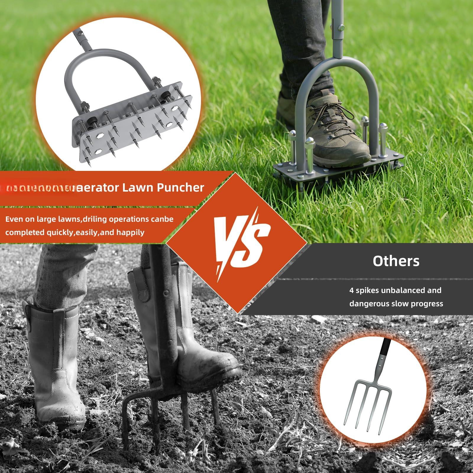 Manual Lawn Aerator Tool With 15 Spikes  32"-35" Adjustable T-handle For Automatic Dirt Ejection Design Heavy Duty Yard Grass Soil Compaction Gray