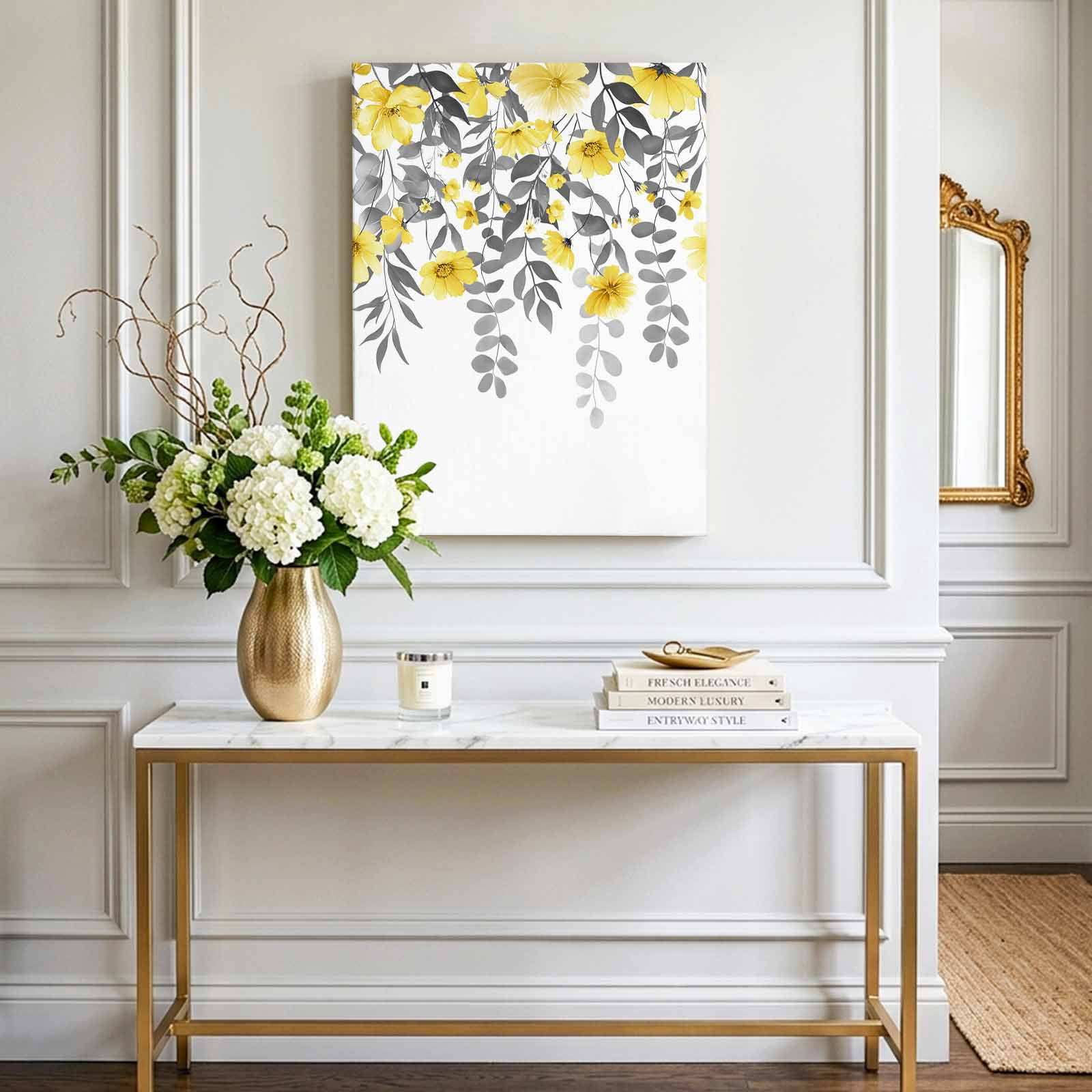 Spring Summer Flowers Canvas Wall Art for Living Room, Vintage Watercolor Yellow Floral Grey Leaf Plant Poster Print Painting for Bedroom Office Home Decoration Wall Pictures Prepare To Hang 16"x24"
