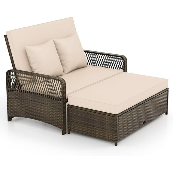 CHAUKY Patio Adjustable Wicker Daybed, Rattan Loveseat & Storage Ottoman w/ 4-Level Backrest & Soft Cushions, Space-Saving 2-Person Sun Lounger for Backyard, Porch (Beige)