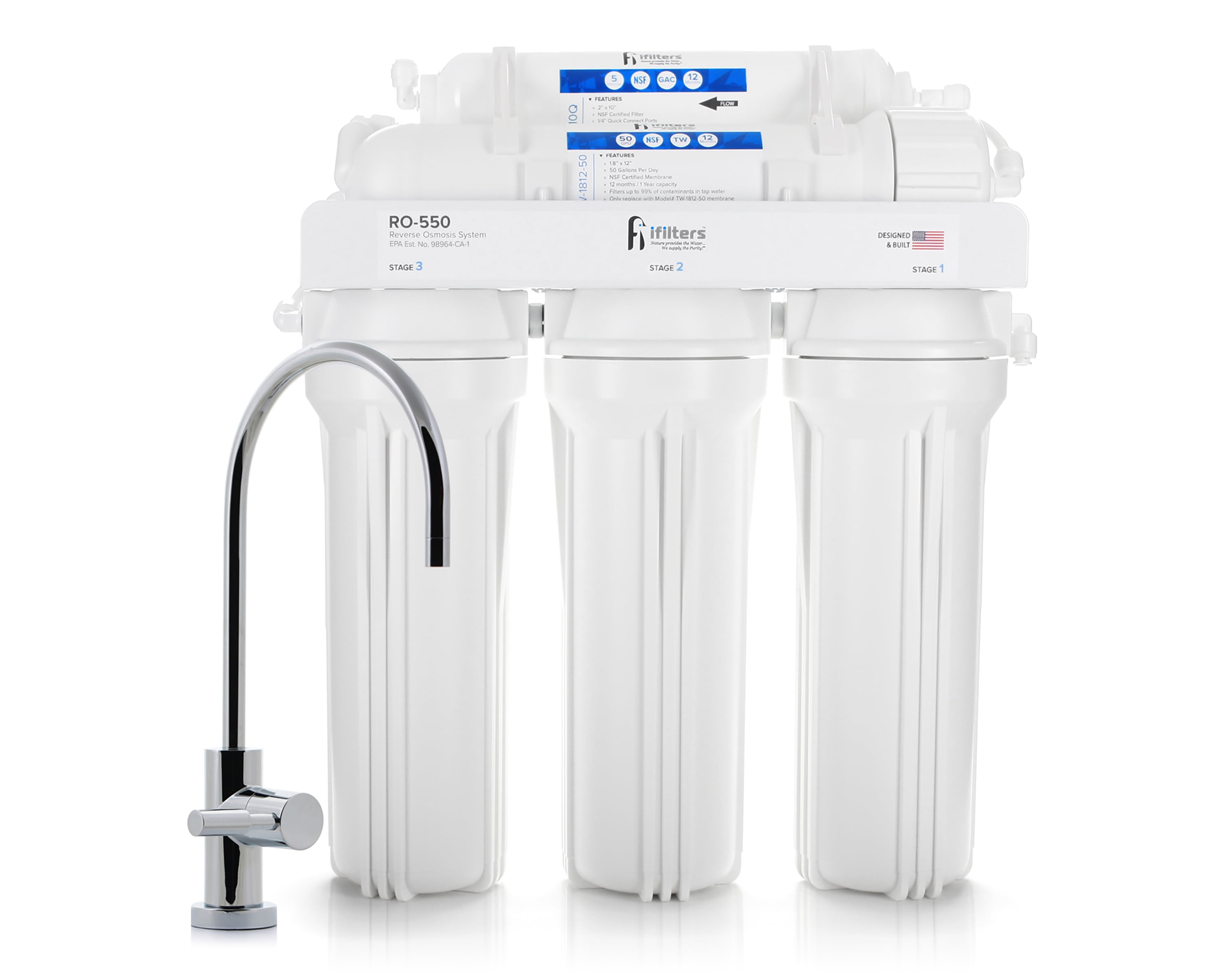 5 Stage Undersink Reverse Osmosis Water Filtration System 50 GPD Membrane Filter 