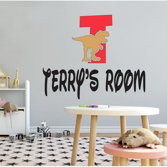 DINO LETTER T - Multicolored Vinyl Art T-Rex Dinosaur Silhouette Decoration Sticker Personalized Name Letter T Alphabet Design Kids Playroom Wall Decal 20" x 16"