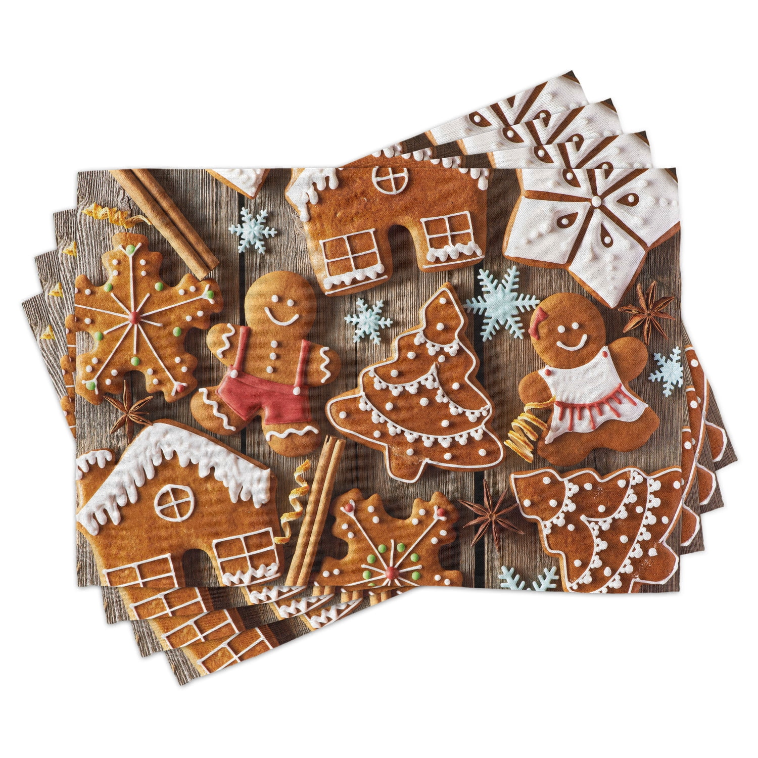 Gingerbread Man Placemats Set of 4 Tasty Looking Traditional Cookies Little Snowflakes Cinnamon, Washable Fabric Place Mats for Dining Room Kitchen Table Decor,Umber Pale Brown White, by Ambesonne