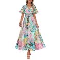 thumbnail image 1 of Vestido ZESICA para mujer 2025, estampado floral, cuello en V, midi, verde, 1 of 1