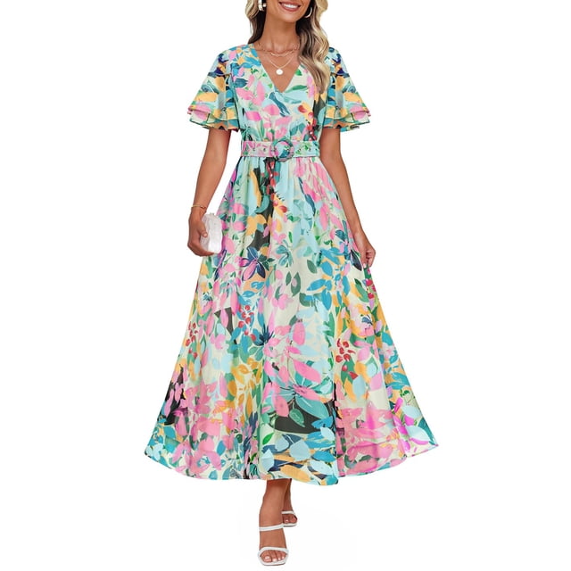 Vestido ZESICA para mujer 2025, estampado floral, cuello en V, midi, verde