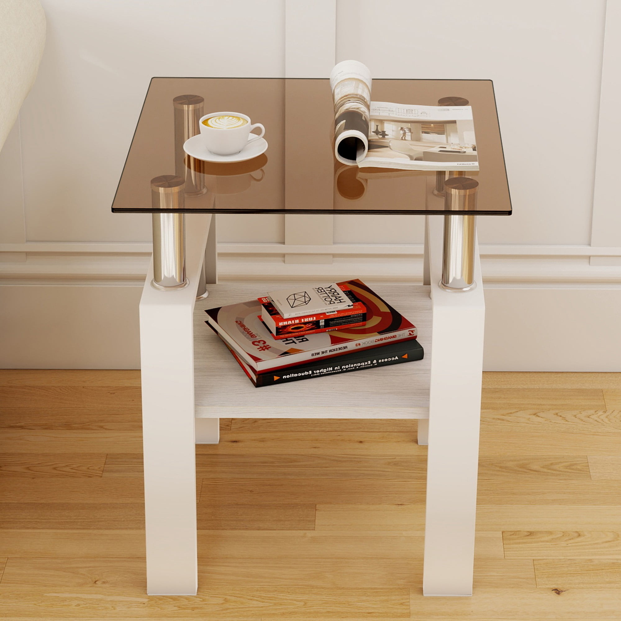Euroco Set of 2 Modern Tempered Glass Tea Table ,Tempered Glass Tabletop with MDF Layer,Coffee Table,End Table, Square Table for Living Room, Brown/white