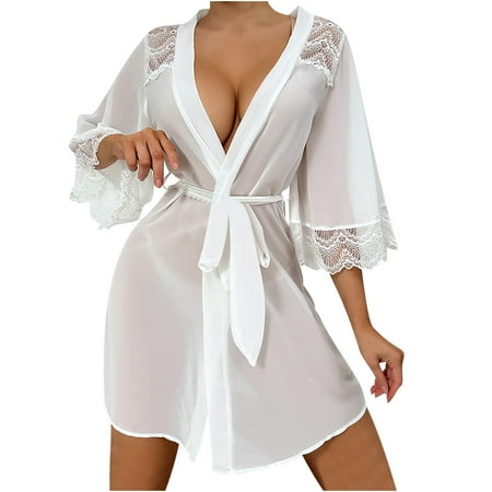 Women Lace Kimono Robe Bell Sleeve Sheer Nightgown Sexy Chiffon Lingerie Babydoll Mesh Chemise Women Pajama