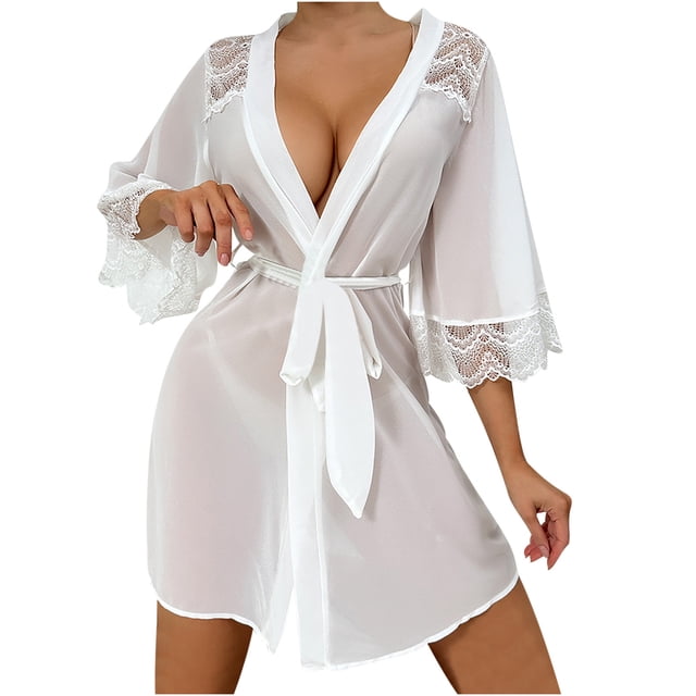 MeetoTime Robe Kimono Femme Patchwork Dentelle Babydoll Lingerie Manches 3/4 Robe de Nuit en Maille
