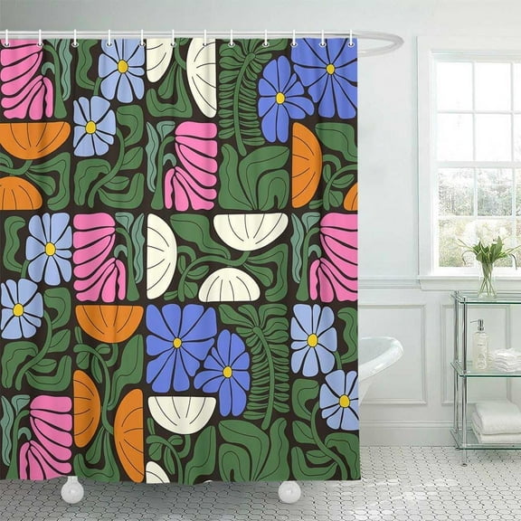 Boho Abstract Colorful Floral Shower Curtain, Vintage Retro Patchwork Pink Blue Green Flower Botanical Geometric Aesthetic Groovy Bathroom Decor Shower Curtain Set with 12 Hooks, 72X72in