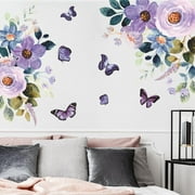 Jlong Purple Butterflies Flowers Wall Decals Floral Wall Stickers Murals Wallpaper Applique Waterproof Home Art Decor for Living Room and Bedroom