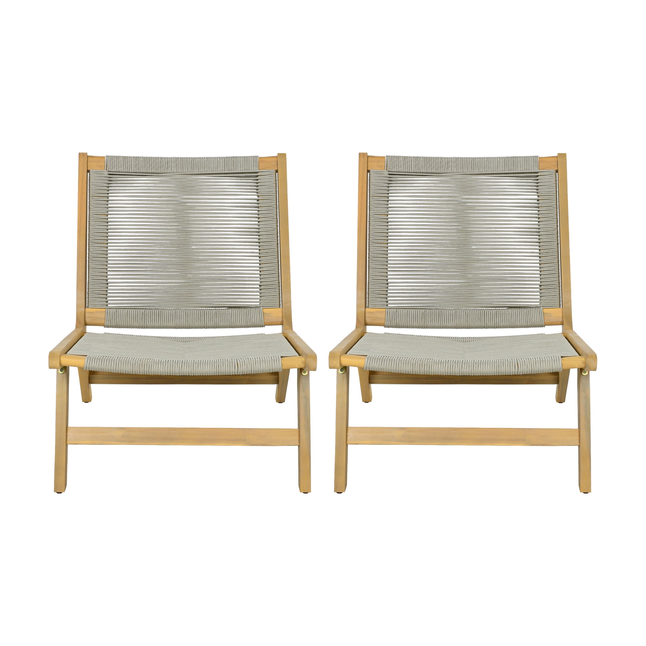 Christopher Knight Home Set of 2 Outdoor Lounge Chairs, Acacia Wood Rope Patio Chairs, Light Teak+Beige