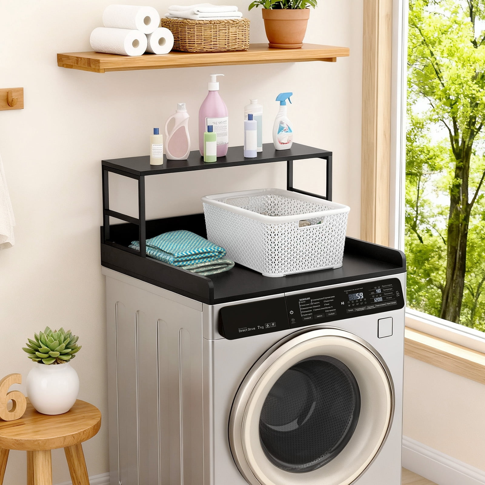 SHUO Y - 27.5" Washer Dryer Countertop with Shelf, 2-Tier Laundry Countertop, Washer Dryer Topper, Laundry Room Storage Organizer (with 3.0M Silicone Strip), Black