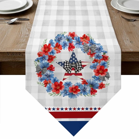 Patriotic American Flag Table Runner Linen Burlap Table Runner 90 Inches Long Blue Red Flowers Wreath Gray Plaid Dresser Scarves for Kitchen Island Coffee Dining Room Party Wedding Decor 13"x90"