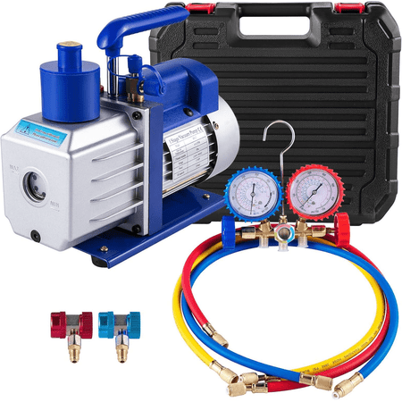 PEIXU 110V 1/3 HP 4.8CFM Single Stage Vacuum Pump and R134a AC Manifold Gauge Set Kit with Leak Detector Carry Box for HVAC Air Conditioning Refrigeration Recharging