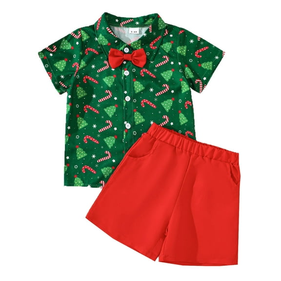 Adeawade Christmas Boys Outfits Toddler Boys Christmas Short Sleeve Cartoon Prints T Shirt Tops Shorts Child Gentleman Outfits Winter Retro Simple Style Wear Green 1-2 Years