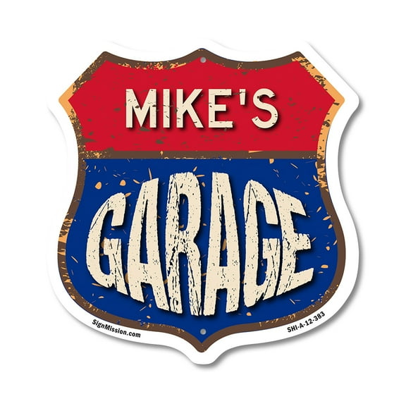 Mike's Garage 12 inch X 12 inch Shield-Shaped Rust-Free Aluminum Metal Sign Weather Resistant, UV Protected To last, Gift for Dads and Uncles Classic Americana Crafted in the USA