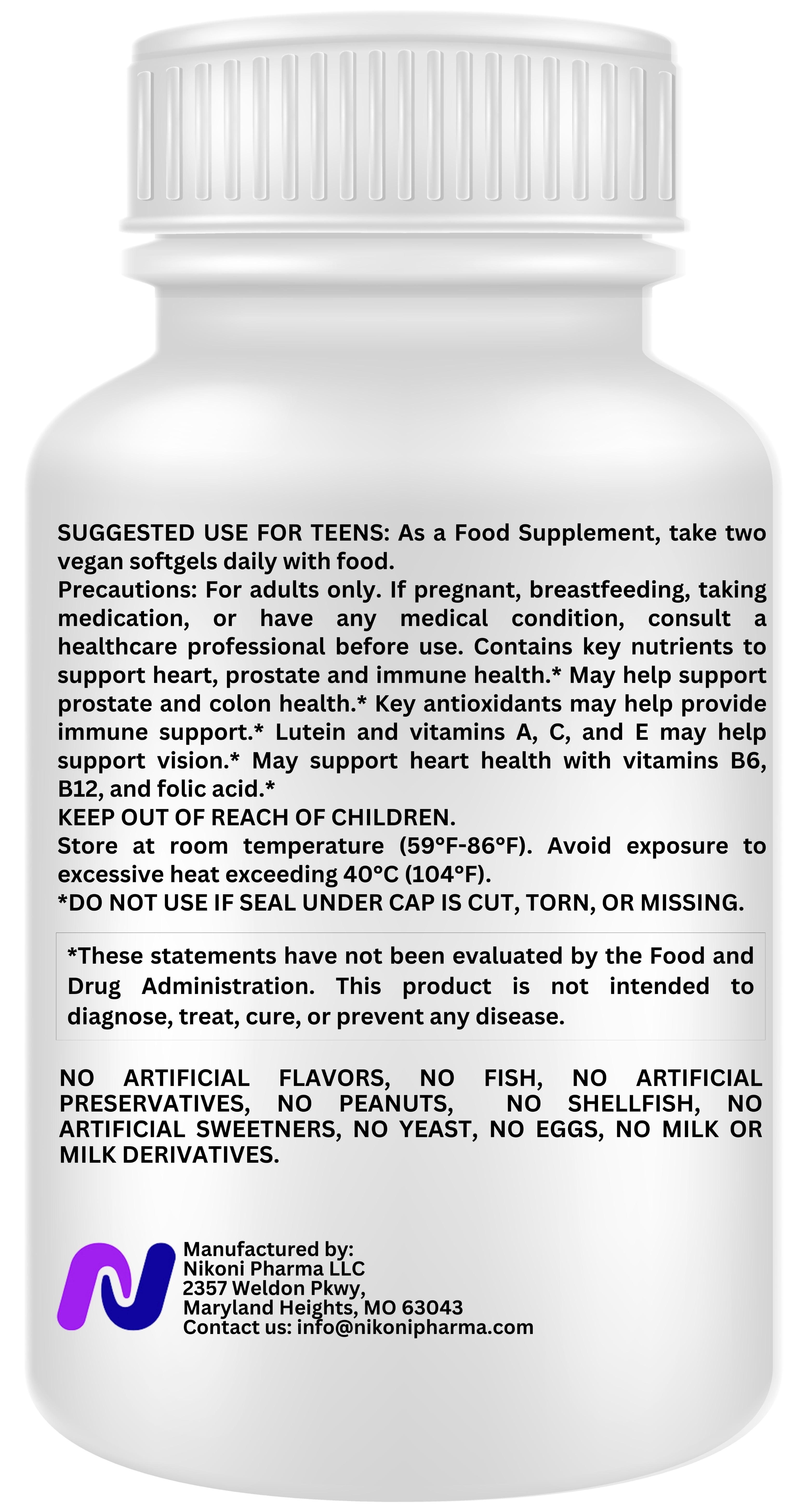 Nikoni Teen Girl Multivitamin & Mineral Vegan Softgels Enhanced Absorption Formula 60 Count