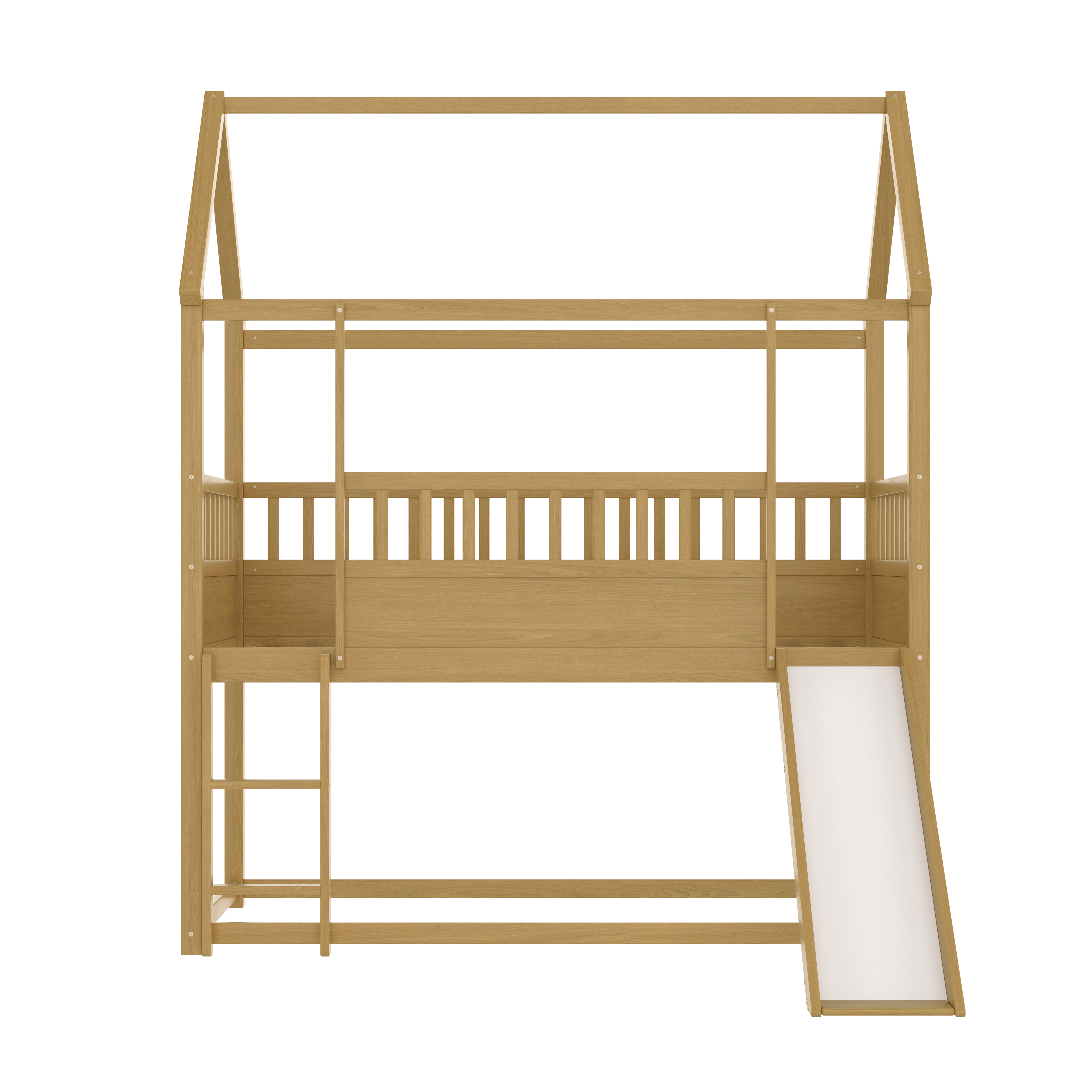 Miniyam Wood Twin Over Twin House Bunk Bed with Slide & Guardrail for Kids, Natural