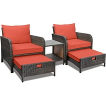 LeveLeve Balcony Furniture 5 Piece Patio Conversation Set, PE Wicker Rattan Outdoor Lounge Chairs with Soft Cushions 2 Ottoman&Glass Table for Porch, Lawn-Brown Wicker (Orange Red)