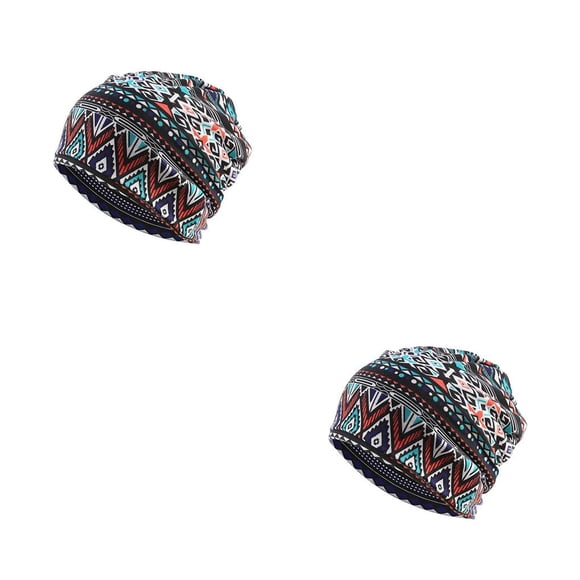 Beanie Hat Bohemian Style Hijab Floral Print Turban Ear Protection Bonnet Blue rhombus 2Set