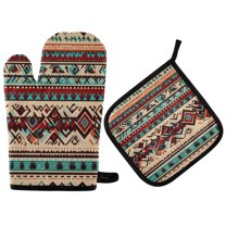 Yayeee Oven Mitts and Pot Holder Set of 2 Heat Resistant Kitchen Gloves Baking Hot Pad, Tribal Art