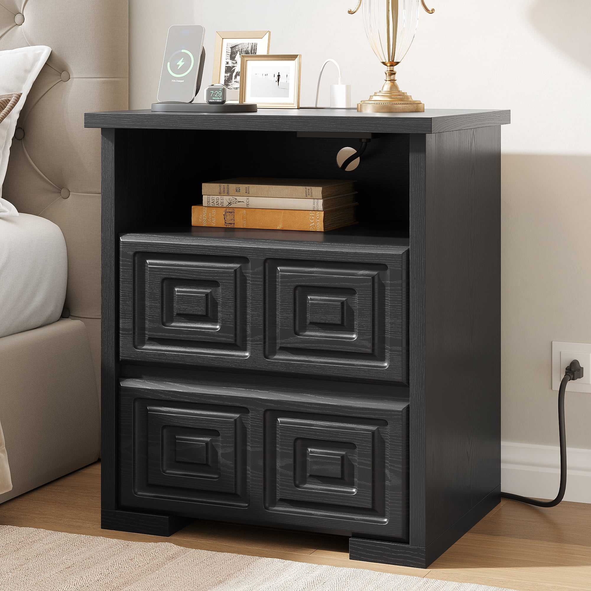 Aufeile Farmhouse Nightstand with Charging Station, Wood Nightstand with 2 Drawers & Open Shelf, Bedside Table for Bedroom, Small Side Table Stand for Living Room, Black
