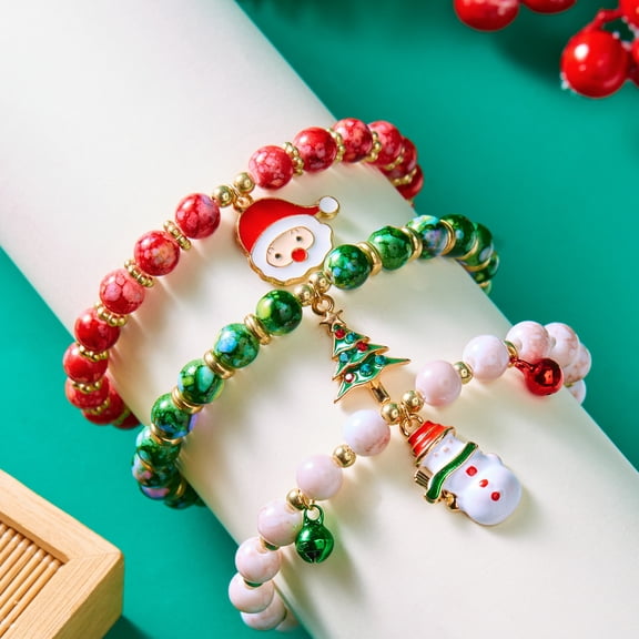 PISONIC 3pcs Christmas Jingle Bell Bracelets Xmas Multi Color Beaded Charm Stretch Bracelet Christmas Holiday Party Favors f