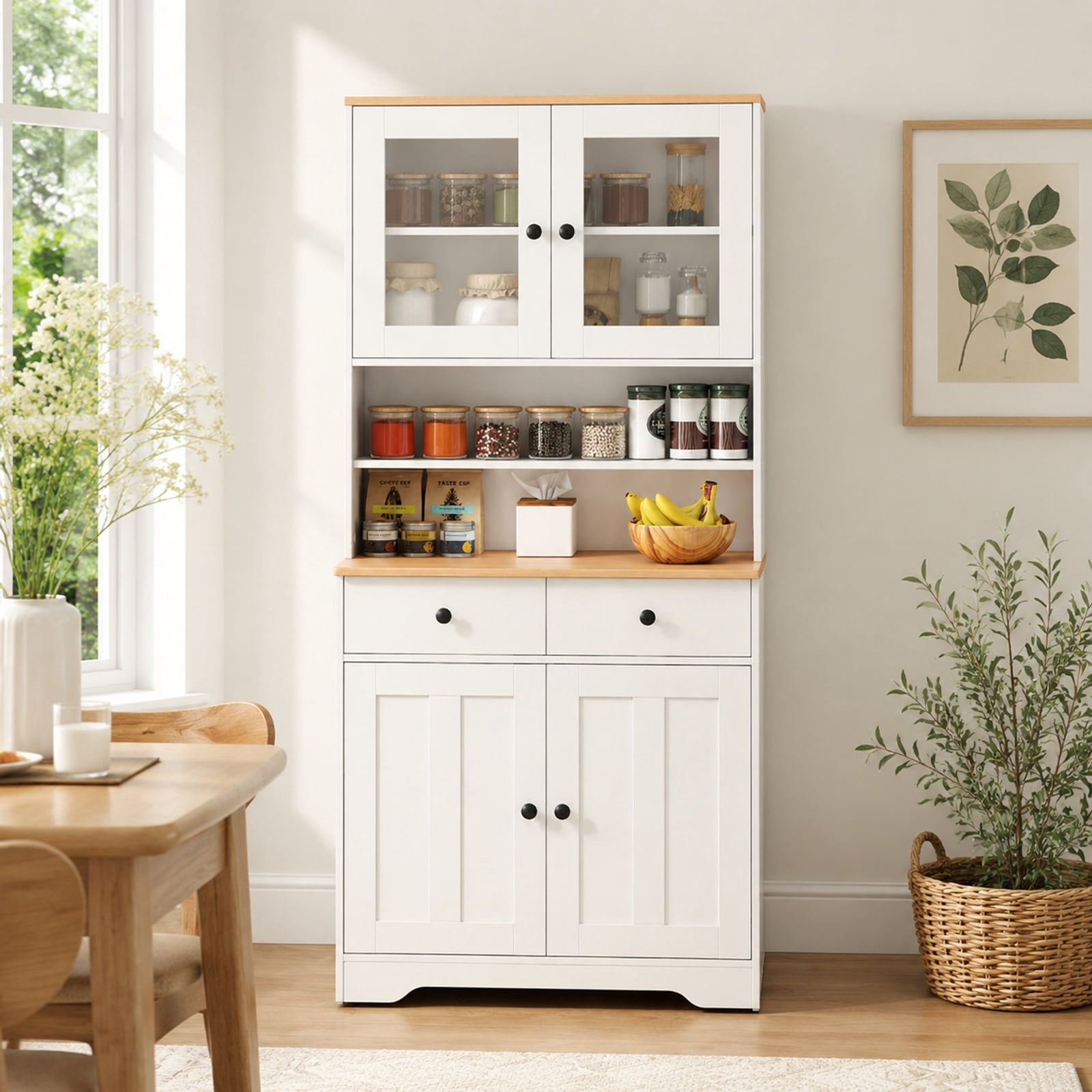 Furnibear Tall Kitchen Pantry Cabinet with Glass Doors 2 Drawers Adjustable Shelves and Countertop Freestanding Storage Cabinet for Kitchen, White