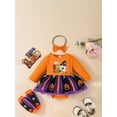 thumbnail image 4 of Aojekbee Baby Girls Halloween Outfits Letter Pumpkin Print Long Sleeve Romper Dress and Cute Headband Leg Warmer Set, 4 of 10