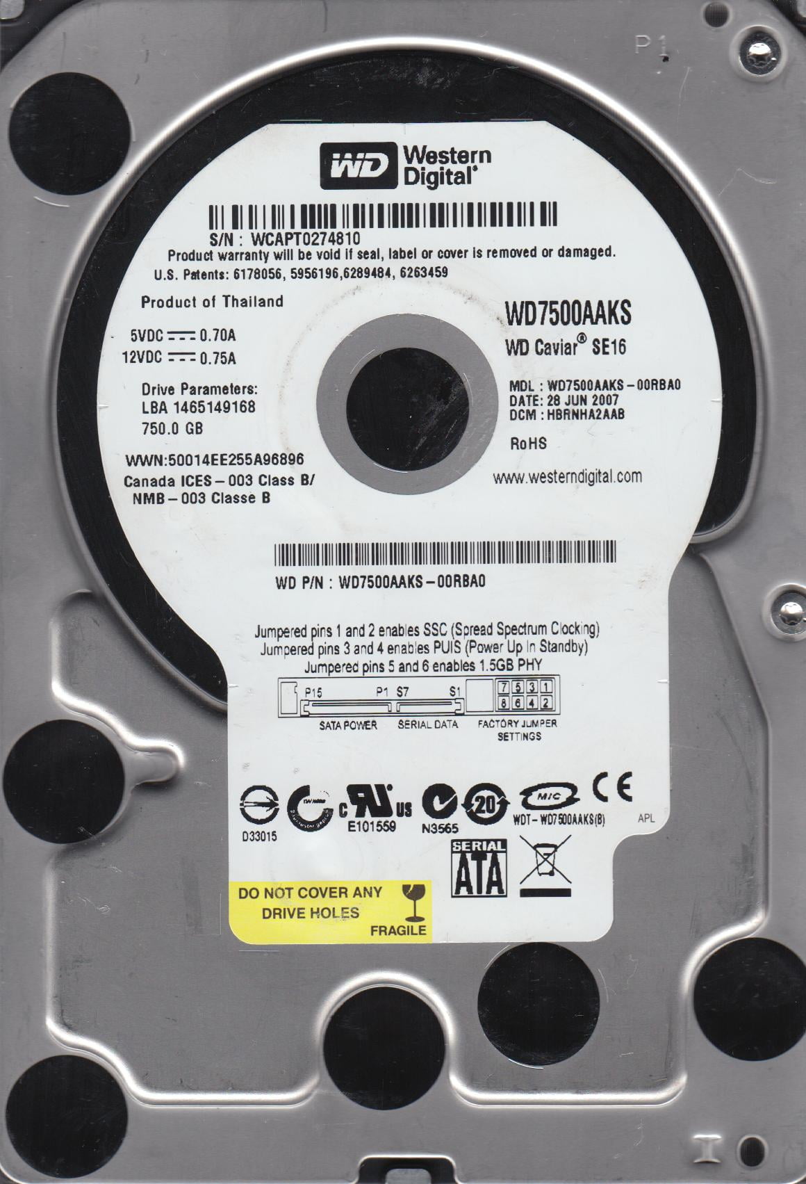 WD7500AAKS-00RBA0, DCM HBRNHA2AAB, Western Digital 750GB SATA 3.5 Hard ...
