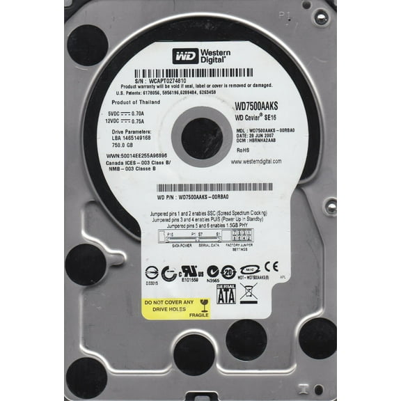 WD7500AAKS-00RBA0, DCM HBRNHA2AAB, Western Digital 750GB SATA 3.5 Hard Drive
