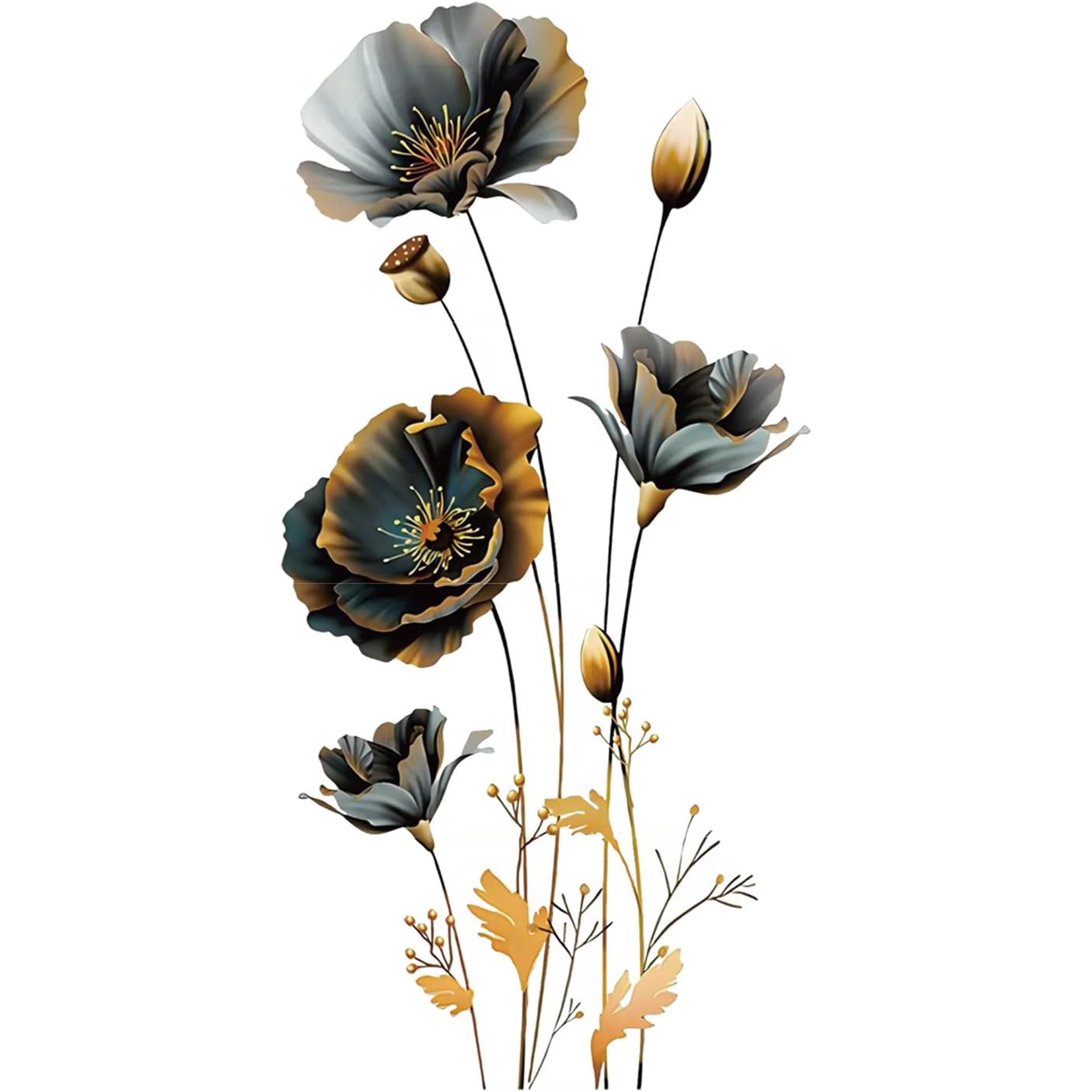 Black Gold Wall Decals 3D Flower Wall Sticker, Classical Plum Blossom Flower Decals Peel and Stick 3D Wall Art Murals for Girls Bedroom Nursery Living Room TV Home Decor