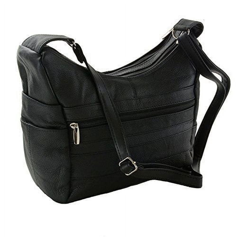 Women's Genuine Leather Purse Adjustable Strap Mid Size Multi Pocket Shoulder Bag (Black)