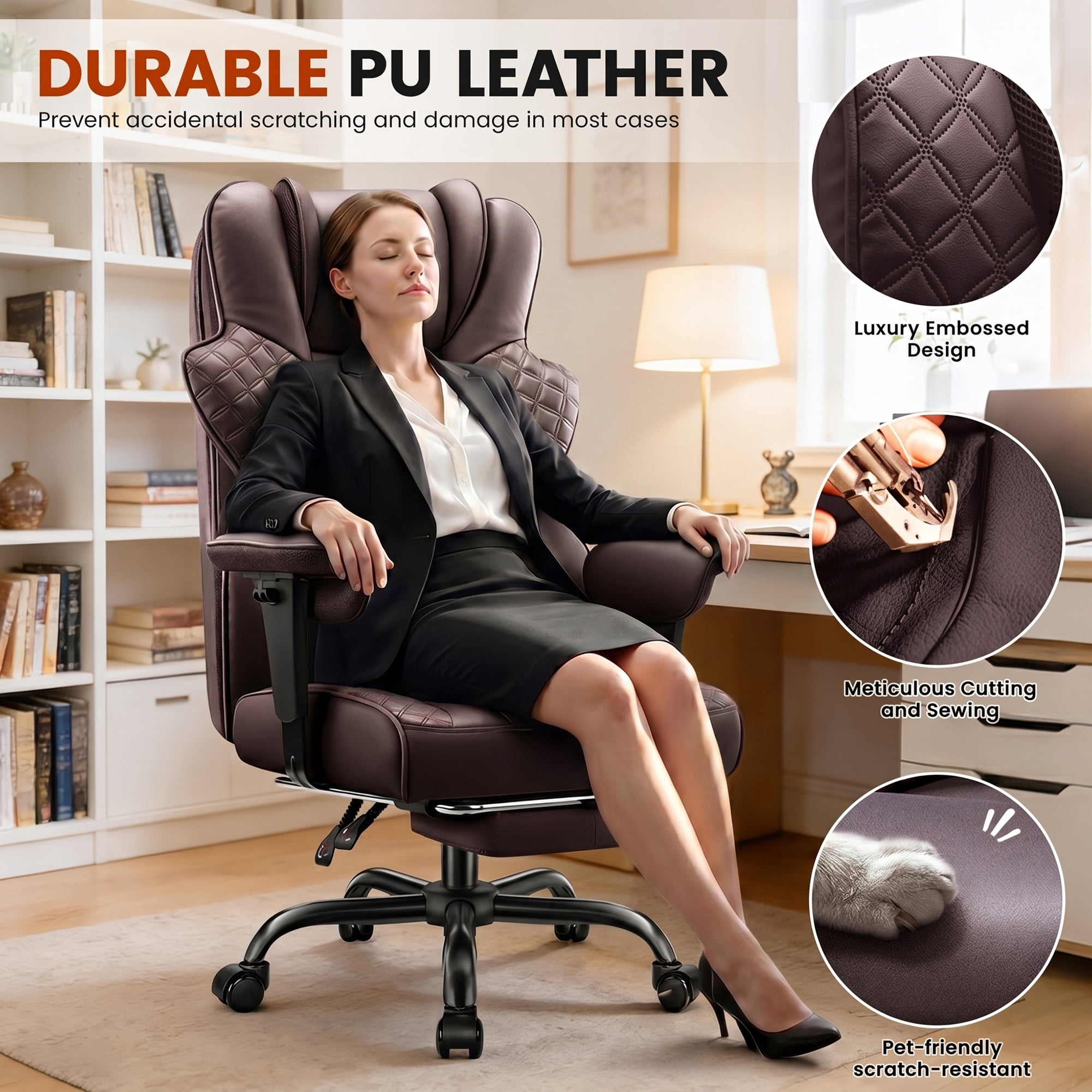 FelixKing Big and Tall Office Chair 500lbs Ergonomic Desk Chair with Footrest, 4D Lumbar Support Gaming Chair, Scratch-Resistant Black Leather Reclining Swivel Computer Chair for Home Office