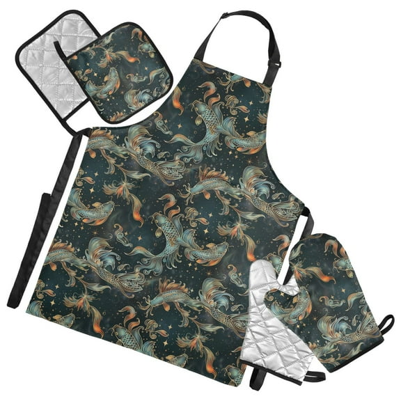 5 Pcs Kitchen Set Heat Resistant Oven Mitts and Non-Slip Pot Holders with Adjustable Cooking Apron Fishes and Star
