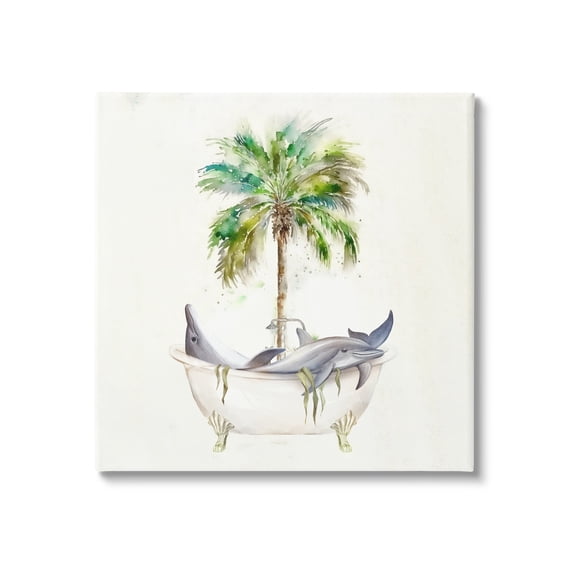 Stupell Industries Dolphins in Bath Tub Palm Tree Animals & Insects Painting Gallery Wrapped Canvas Print Wall Art